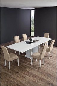 Set lemn masiv masă și scaune Lisa White - 8 scaune, 180 × 104 × 76 cm + 2 extensii