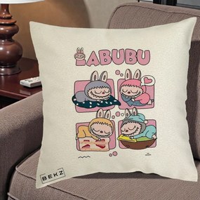Perna Personalizata Labubu Sleeping Quad Grid, 40x40 cm, Ecru, Husa Detasabila, Perna Inclusa, BEKZ®