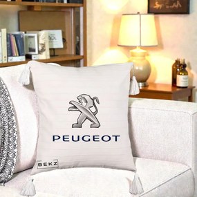 Perna Personalizata cu emblema Peugeot, 40x40 cm, Bej cu Franjuri, Husa Detasabila, Perna Inclusa, BEKZ®