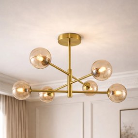 Plafonieră modernă din alamă cu sticlă ambră cu 6 lumini - Ryan