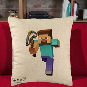 Perna Personalizata Minecraft Steve, 40x40 cm, Bej, Husa Detasabila, Perna Inclusa, BEKZ®