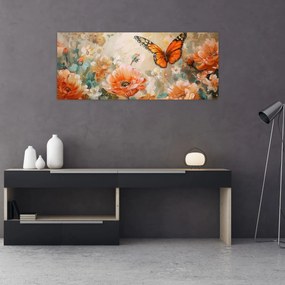 Tablou - Fluture și flori, pictură în ulei (120x50 cm)