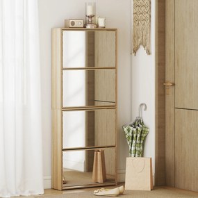 HOMCOM Dulap pentru Încălțăminte Slim cu 4 Uși și Oglindă 63x17x146 cm Culoare Lemn | Aosom Romania