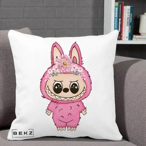 Perna Personalizata Labubu Roz cu Coroana Florala, 40x40 cm, Alba Mata, Husa Detasabila, Perna Inclusa, BEKZ®