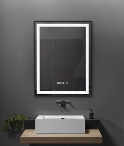 Oglindă baie, Multifuncțională, Iluminare LED Touch in 2 culori, Sistem Dezaburire, Ceas electronic încorporat, rama aluminiu, 60x80 cm, S-4659, Negru