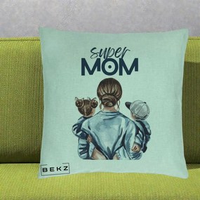 Cadou pentru Mama - Perna Personalizata Super Mom, 40x40 cm, Verde Menta, Husa Detasabila, Perna Inclusa, BEKZ®