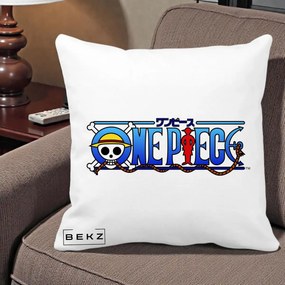 Perna Personalizata One Piece Clasic Albastru, 40x40 cm, Alba Mata, Husa Detasabila, Perna Inclusa, BEKZ®
