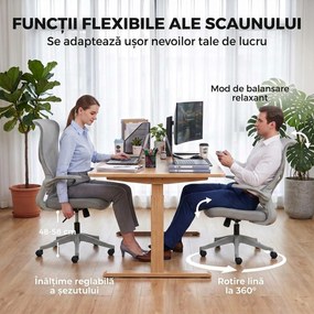 HOMCOM Scaun de birou ergonomic rotativ, cu cotiere rabatabile, funcție de balans, înălțime reglabilă, din plasă, gri | Aosom Romania