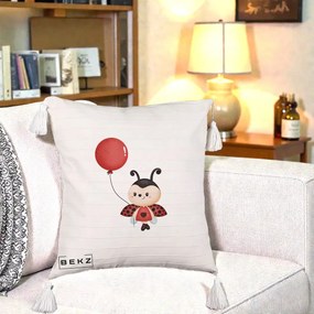 Perna Decorativa Buburuza cu Balon Rosu, 40x40 cm, Bej cu Franjuri, Husa Detasabila, Perna Inclusa, BEKZ®