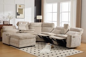 Coltar dumonde cu 3 reclinere electrice, incarcare USB, USB-C, tava, lumini de citit, suport pahare, textil, Vireon 317x347cm