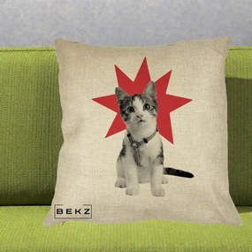 Perna Decorativa Pisica Star Pop Art, 40x40 cm, Crem, Husa Detasabila, Perna Inclusa, BEKZ®