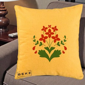 Perna Decorativa Buchet Floral Folk Rosu-Verde, 40x40 cm, Galben, Husa Detasabila, Perna Inclusa, BEKZ®