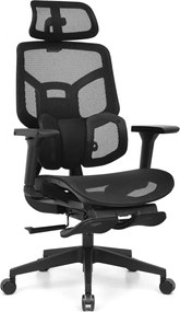 Scaun Ergonomic AirMesh Pro E399-H – Full Mesh, Suport Lombar Reglabil pe Înălțime, Cotiere 4D, Tetiera 3D, Reclinare Automată, Suport Picioare, Negru