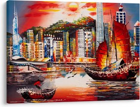 Tablou - Victoria Harbour, Hong Kong, pictură în ulei (70x50 cm)