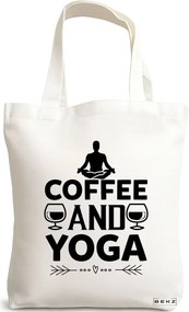 Sacosa de Panza pentru Cumparaturi, Geanta Tote Yoga Coffee and Yoga, 38x34.5 cm, Alba, BEKZ®
