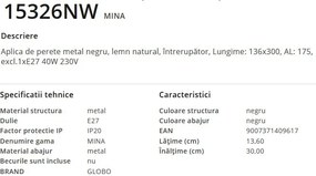 Aplica de perete stil natural minimalist MINA natur