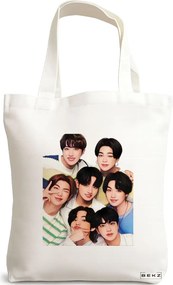 Sacosa de Panza pentru Cumparaturi, Geanta Tote, model BTS Army 2, 38x34.5 cm, Alba, BEKZ®