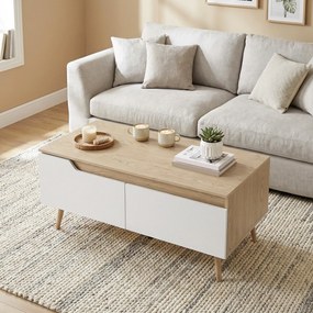 HOMCOM Masă de cafea dreptunghiulară, masă de living modernă cu 2 sertare, 5 picioare din lemn de pin, 100x50x46cm, stejar și alb | Aosom Romania