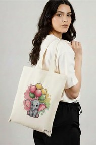 Sacosa de Panza pentru Cumparaturi, Geanta Tote, model Colorful Baby Elephant 38 x 34.5 cm, Alba, BEKZ®
