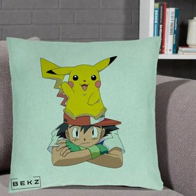 Perna Personalizata Ash si Pikachu, 40x40 cm, Verde Menta, Husa Detasabila, Perna Inclusa, BEKZ®