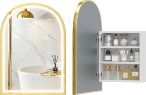HOMCOM Dulap de perete pentru baie cu oglindă și iluminare LED, ușă arcuită, anti-abur, 50x14,5x70cm, auriu | Aosom Romania