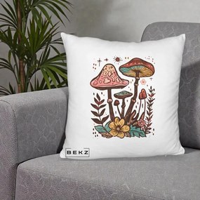 Perna Decorativa Ciuperci Boho Multicolore, 40x40 cm, Alb Pufos, Husa Detasabila, Perna Inclusa, BEKZ®