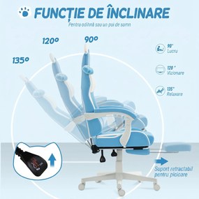HOMCOM Scaun de gaming reclinabil cu suport pentru picioare și perne, 65x62x124 cm, alb și albastru | Aosom Romania