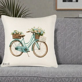 Perna Decorativa Bicicleta Teal cu Cosuri Duble de Flori Vintage, 40x40 cm, Crem Reliefat, Husa Detasabila, Perna Inclusa, BEKZ®