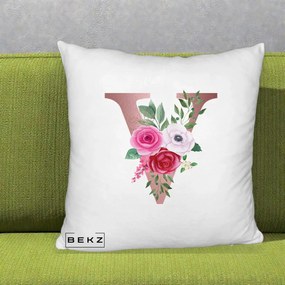 Cadou Personalizat - Perna Personalizata Monograma Rose Gold Litera V, 40x40 cm, Alb Pufos, Husa Detasabila, Perna Inclusa, BEKZ®