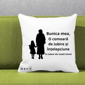 Cadou pentru Bunica - Perna Personalizata Bunica Mea Comoara Iubire Intelepciune Silueta, 40x40 cm, Alba Mata, Husa Detasabila, Perna Inclusa, BEKZ®