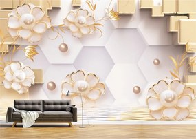 Tapet Premium Canvas - Abstract flori aurii si perle