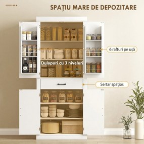 HOMCOM Dulap de bucătărie în stil country cu 2 dulapuri, 6 rafturi și un sertar, din lemn, 76x39,5x183,5 cm, alb | Aosom Romania