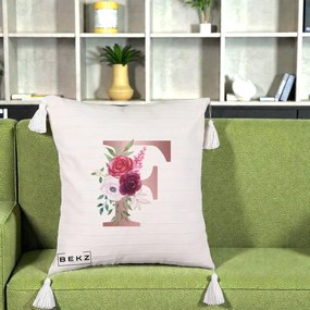 Cadou Personalizat - Perna Personalizata Monograma Rose Gold Litera F, 40x40 cm, Bej cu Franjuri, Husa Detasabila, Perna Inclusa, BEKZ®