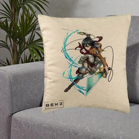 Perna Personalizata Attack on Titan Mikasa Ackerman Lupta, 40x40 cm, Bej, Husa Detasabila, Perna Inclusa, BEKZ®