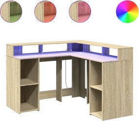 vidaXL Birou cu lumini LED stejar sonoma 130x130x91 cm, lemn prelucrat