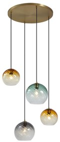 Lampă suspendată bronz cu sticlă rotundă fumurie, ambră și verde, cu 4 lumini - Bao