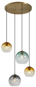Lampă suspendată bronz cu sticlă rotundă fumurie, ambră și verde, cu 4 lumini - Bao