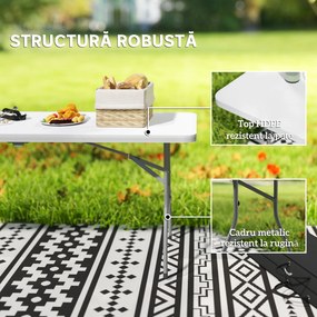 Outsunny Masă de Camping Pliabilă cu Mâner, Cadru Metalic și Blat din Plastic, 180x74x74 cm, Alb | Aosom Romania
