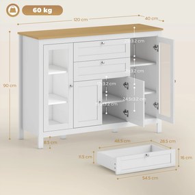 HOMCOM Comodă de Bucătărie, Mobilier de Bucătărie cu 2 Sertare, 3 Dulapuri, Blat de Lucru din Caucciuc, Bufet cu Uși din Sticlă, Rafturi Ajustabile, pentru Sufragerie, 120x40x90cm, Alb | Aosom Romania
