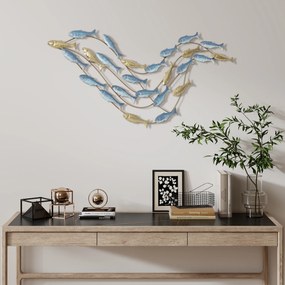 HOMCOM Artă de Perete cu Banc de Pești și Șuruburi Incluse pentru Casă și Birou, Decor Metalic, 99,7x3,8x50,2 cm, Auriu și Albastru | Aosom Romania