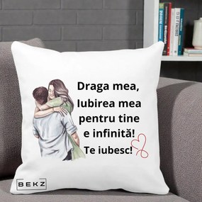 Cadou pentru Iubita - Perna Personalizata Draga Mea Iubirea Mea Infinita Te Iubesc cu Cuplu Acuarela, 40x40 cm, Alba Mata, Husa Detasabila, Perna Inclusa, BEKZ®