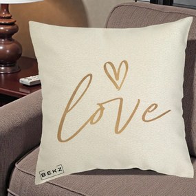 Perna Decorativa Love Caligrafie Aurie, 40x40 cm, Ecru, Husa Detasabila, Perna Inclusa, BEKZ®