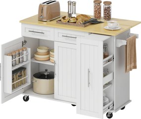 HOMCOM Insulă de bucătărie mobilă, suprafață extensibilă, uși de dulap, sertare, suport pentru prosop, cărucior de bucătărie din MDF, Alb | Aosom Romania