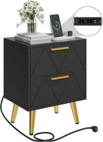 NON17 - Set 2 Noptiere negre, 40 cm, cu 2 sertare, Priza si USB, dormitor - Negru - Auriu