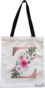 Sacosa de Panza pentru Cumparaturi, Geanta Tote, Cu litera Z Rose Gold si Trandafiri, Cu fermoar, 38x34.5 cm, Alba, BEKZ®