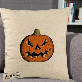 Perna Decorativa Halloween Dovleac Portocaliu Clasic, 40x40 cm, Bej, Husa Detasabila, Perna Inclusa, BEKZ®