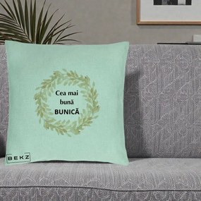 Cadou pentru Bunica - Perna Personalizata Cea Mai Buna Bunica Coronita Frunze Acuarela, 40x40 cm, Verde Menta, Husa Detasabila, Perna Inclusa, BEKZ®