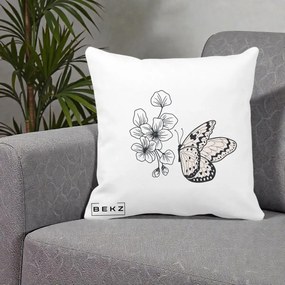 Perna Decorativa Fluture si Flori Linie Monocroma, 40x40 cm, Alba Mata, Husa Detasabila, Perna Inclusa, BEKZ®