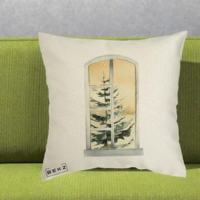 Perna Decorativa Fereastra cu Brad de Iarna, 40x40 cm, Ecru, Husa Detasabila, Perna Inclusa, BEKZ®
