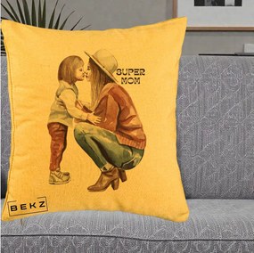 Cadou pentru Mama - Perna Personalizata Super Mom Acuarela, 40x40 cm, Galben, Husa Detasabila, Perna Inclusa, BEKZ®